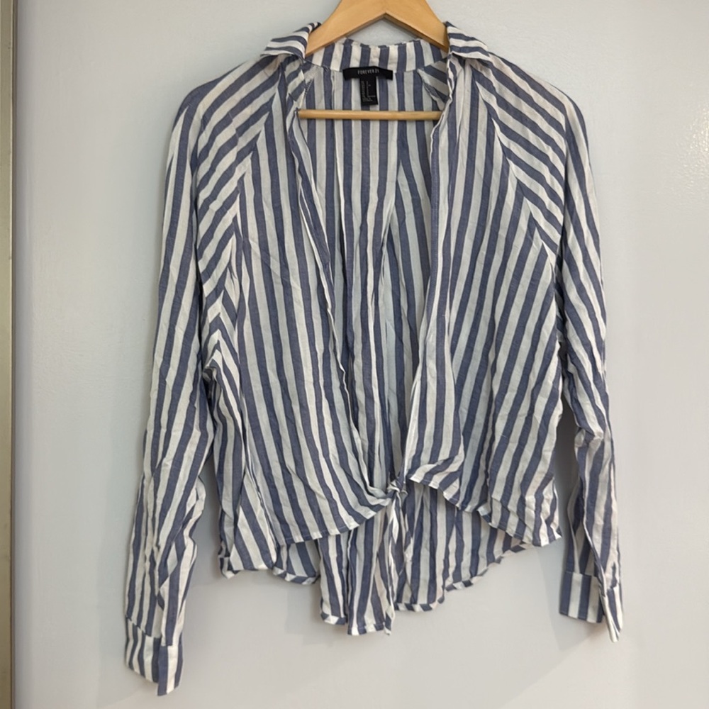 MOVING SALE - Forever 21 blue and white striped front tie collared blouse top